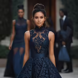 a model walks the runway wearing a blue dress