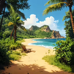 an artwork featuring two chairs on the beach with a view