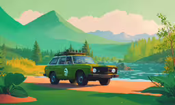 the truck is parked in front of the lake,an old green car driving through a forest next to mountains