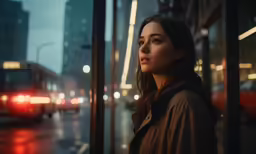 the woman is waiting in line at night
