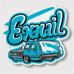 the name equal on a sticker, with an old - style car in blue