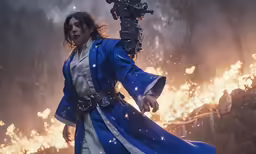 a woman is holding a sword in front of a fire