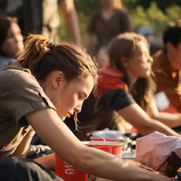 several people gathered together, eating a meal