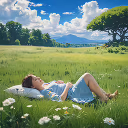 a woman laying on top of a lush green field,a woman lays on a pillow on the grass in a meadow