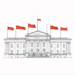 the front view of a building that has a row of flags on top of it