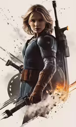 a woman in a star wars outfit holds guns
