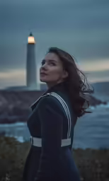 a young woman stands at the end of a pathway near a lighthouse