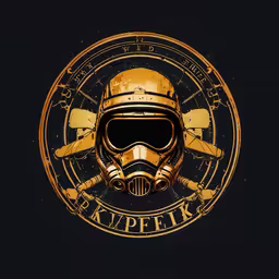 the helmet with two skulls is displayed in a gold circle,a dark background with a helmet and bats
