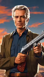 a man with a gun standing next to some mountains,there is a painting of a man holding a gun