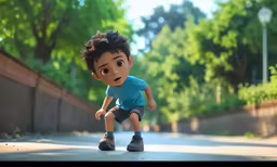 a little boy that is running across a street