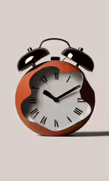a small orange and white clock on top of a white wall