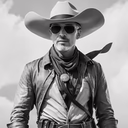 a black and white photo of a man wearing a cowboy hat