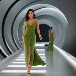 models walk the runway wearing green dress and gold heels