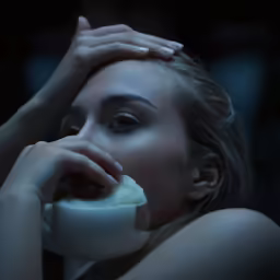 a beautiful blonde woman in profile biting into a cup