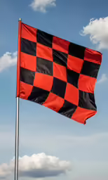 a checkerboard flag is hanging on a pole