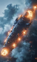 a large, flying ship is full of exploding yellow fire