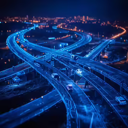 the night time scene of a highway at an intersection