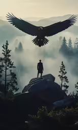 a man on a mountain is standing and watching the eagle fly by