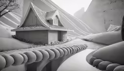an artistic art print featuring houses in the mountains