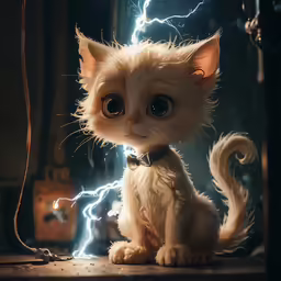 a small white kitten sitting next to a string of lightning