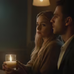 a man holding a candle and a woman looking away from the camera