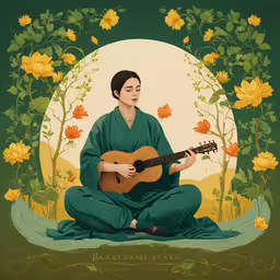 a woman sitting on the ground playing a guitar,a person holding a guitar sitting on the ground