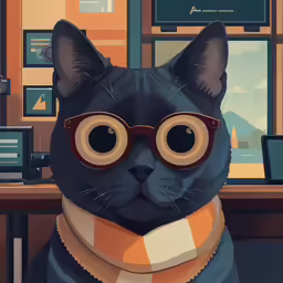 the cat in glasses is looking at the camera