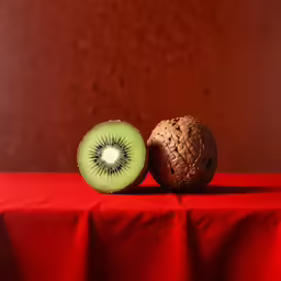 the kiwi is sitting beside the brown, fuzzy kiwi on a red cloth