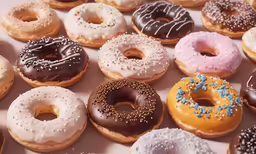 many different donuts in a box are arranged