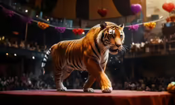 a tiger on a platform with spectators in the background