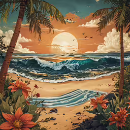 painting of sun setting over the beach and ocean with palm trees,the painting is of a tropical beach at sunrise