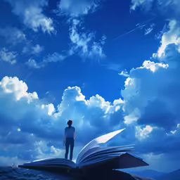 man standing on open book against cloud covered sky