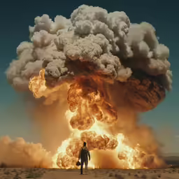 a person standing in front of a huge explosion of smoke