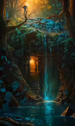 a drawing of a waterfall with a man sitting on it