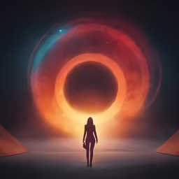 a woman in black stands beneath an illustration of a red circular object