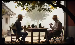 a couple of people sit at a table