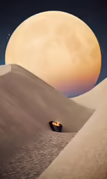 a desert dune with a chair on top underneath a full moon