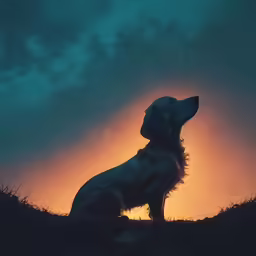a dog looking up at the sky at sunset