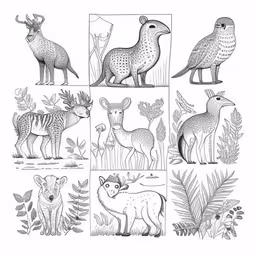 various animals with a plant and some leaves