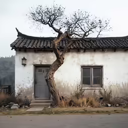 a tree and an old house in the mountains