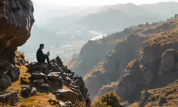 man sitting on the rock looking at a map