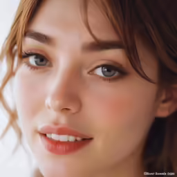a beautiful young woman wearing blue eyes and a white shirt