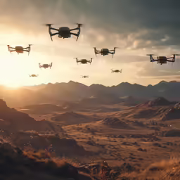 a group of small black remote controlled devices flying over hills and desert