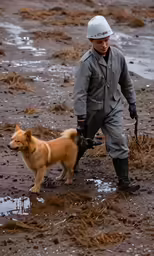 a dog and man wearing raincoats are on a dirty field