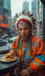 a man in a costume that is eating some food