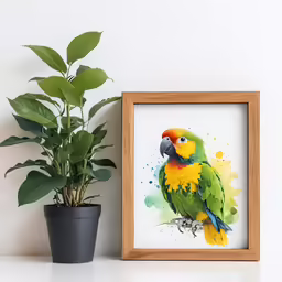 there is a painting on the shelf next to a potted plant