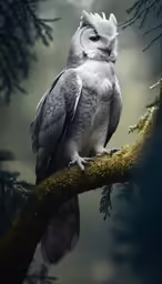 an owl with a very long neck sitting on top of a branch