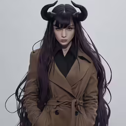a girl with horns on her head standing in front of a white background