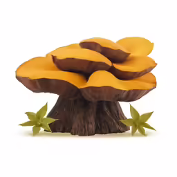 several yellow mushrooms growing out of a wood stump
