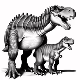 an image of a dinosaur with a baby,two dinosaurs that are all together on a white background,two small dinosaurs, one is black and white,a dinosaur and baby dinosaur next to each other,a black and white drawing of an adult dinosaur and child dinosaur